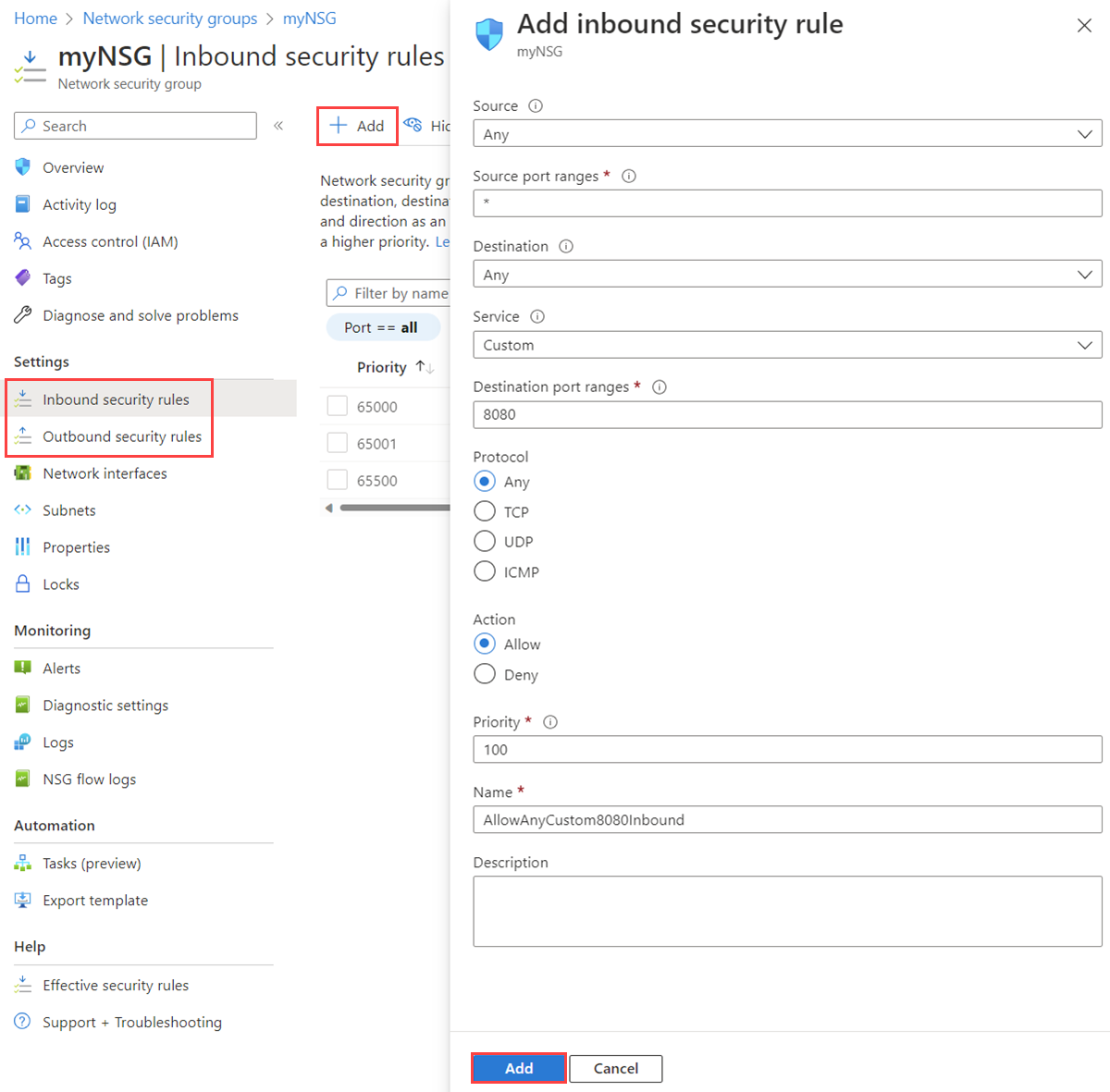 Azure portal でのネットワーク セキュリティ グループへのセキュリティ規則の追加を示すスクリーンショット。