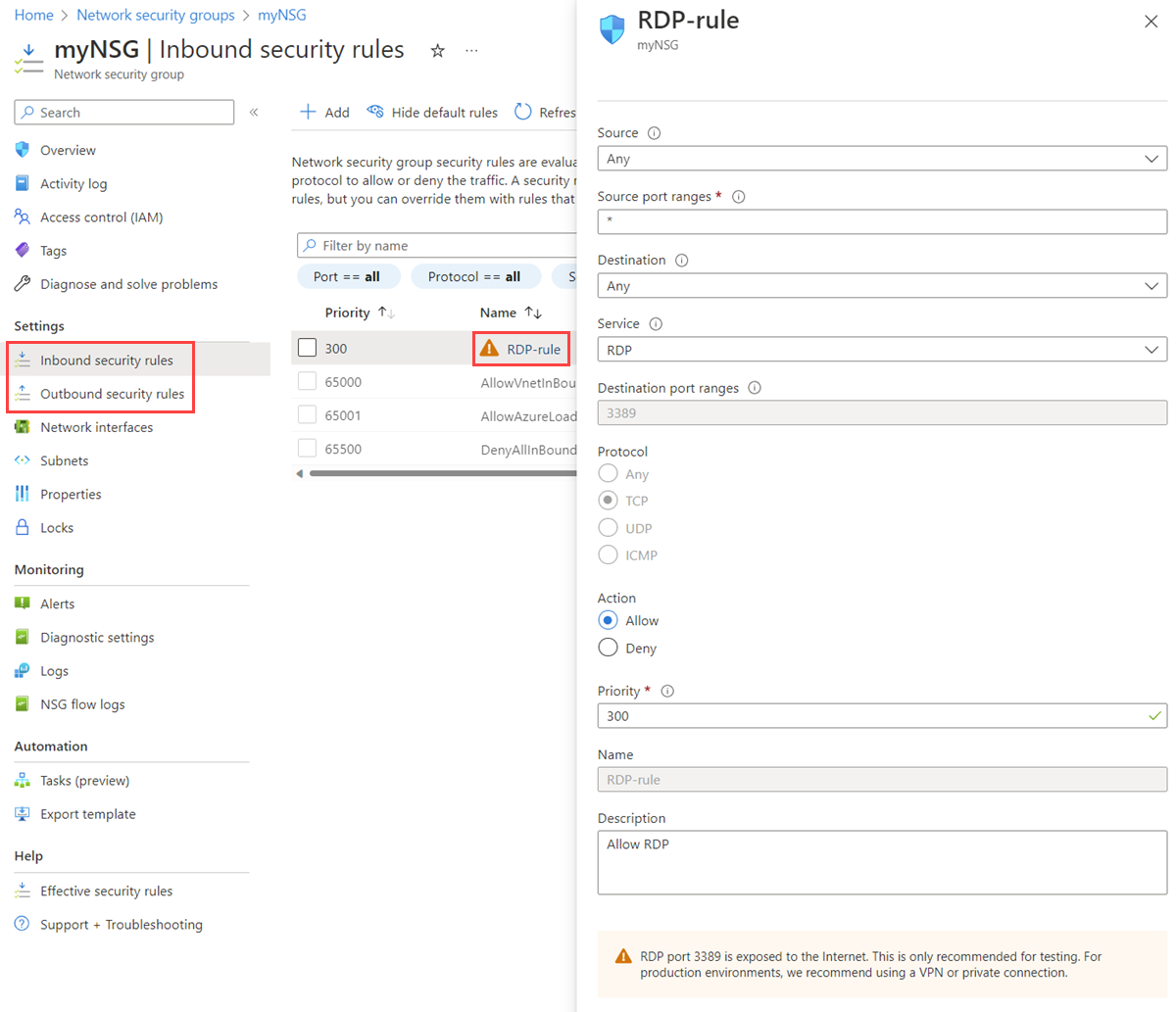 Azure portal のネットワーク セキュリティ グループの受信セキュリティ規則の詳細を示すスクリーンショット。