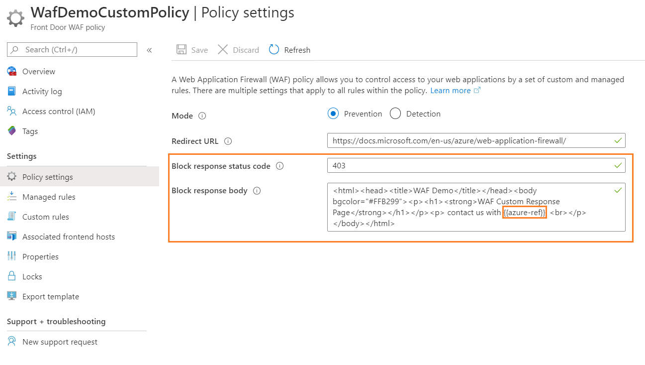 Azure Web Application Firewall のポリシー設定を示すスクリーンショット。