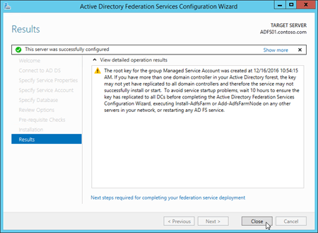 Active Directory フェデレーション サービス (AD FS)構成ウィザードの [結果] ページ。