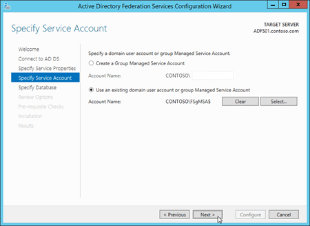 Active Directory フェデレーション サービス (AD FS)構成ウィザードの [サービス アカウントの指定] ページ。