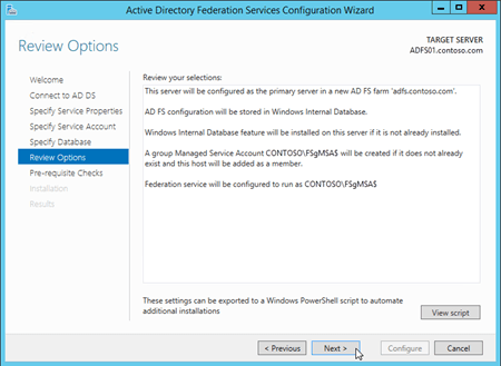 Active Directory フェデレーション サービス (AD FS)構成ウィザードの [確認オプション] ページ。