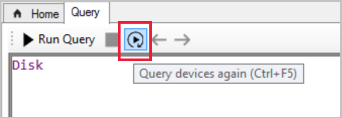 Ctrl + F5 がクライアントにデータを強制的に再度取得するためのショートカットであることを示すクエリ デバイスのもう一度ボタンのスクリーンショット。