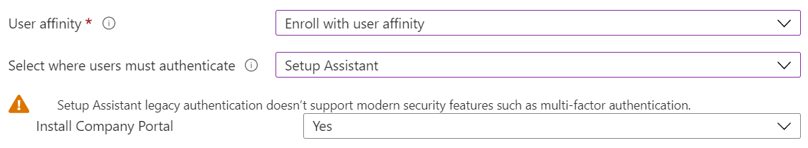 Intune管理センターとMicrosoft Intuneで、Apple Configurator を使用して iOS/iPadOS デバイスを登録します。[ユーザー アフィニティを使用して登録する] を選択し、認証にセットアップ アシスタントを使用して、ポータル サイト アプリをインストールします。