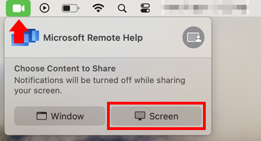 Microsoft リモート ヘルプの画面共有を許可する macOS 画面共有ダイアログのスクリーンショット