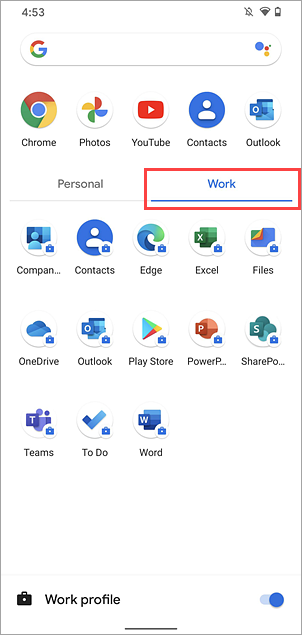 Google Pixel 4 のアプリ ドロワーの [仕事用] タブのスクリーンショット。