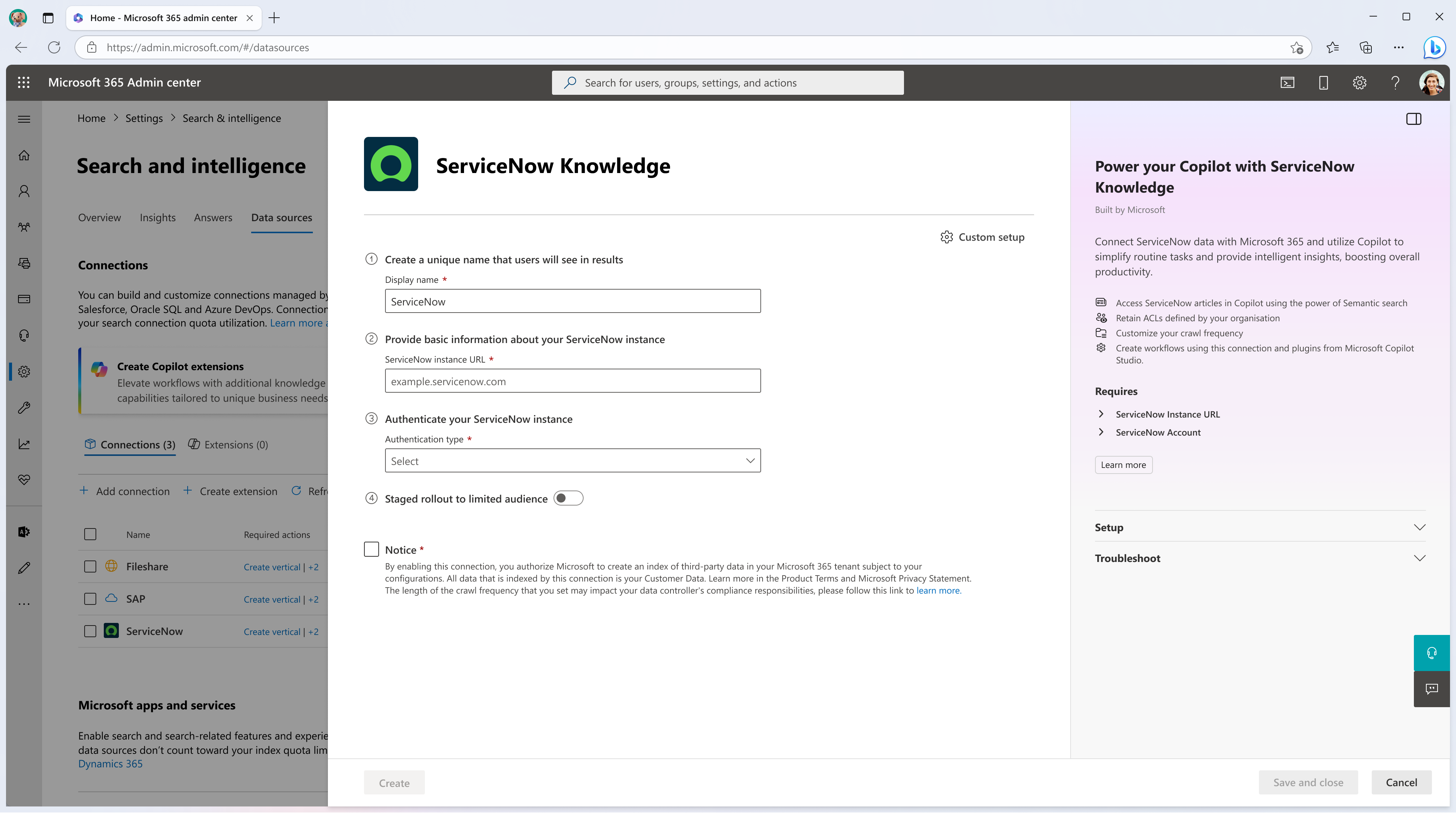 ServiceNow Knowledge Microsoft Graph コネクタの接続作成画面を示すスクリーンショット。