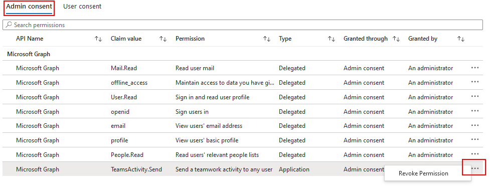 アプリの Graph アクセス許可をMicrosoft Entra 管理センターから取り消すオプションを示すスクリーンショット。