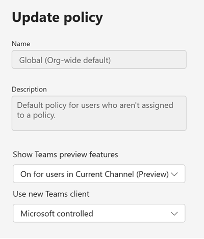 Teams 管理センターの Teams 更新ポリシーのスクリーンショット。