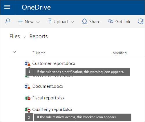 OneDrive アカウントのドキュメントのポリシー ヒント アイコン。