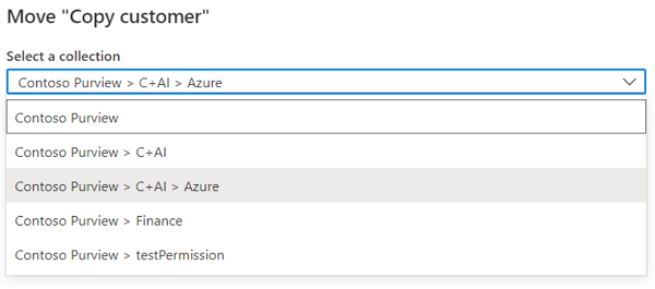 [コレクションの選択] ドロップダウン メニューが強調表示されている Microsoft Purview ガバナンス ポータルのポップアップ ウィンドウのスクリーンショット。