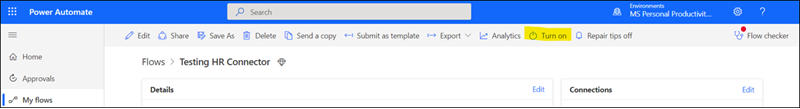Power Automate フローをオンにします。