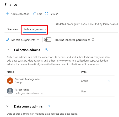 [ロールの割り当て] タブが強調表示されている Microsoft Purview ガバナンス ポータルのコレクション ウィンドウのスクリーンショット。