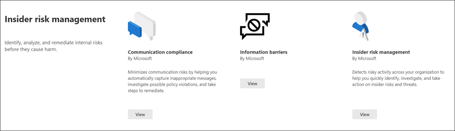 Microsoft Purview ソリューション カタログのインサイダー リスク管理セクション。