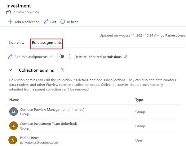 [ロールの割り当て] タブが強調表示されている Microsoft Purview ガバナンス ポータルコレクション ウィンドウのスクリーンショット。