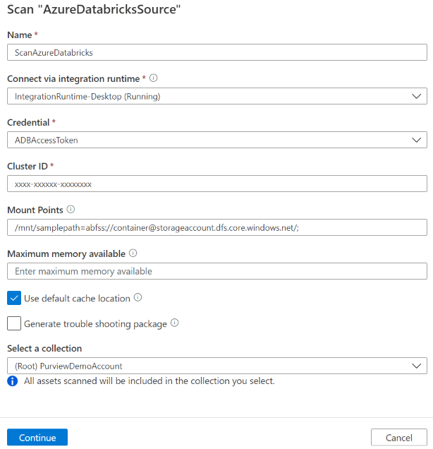 Azure Databricks スキャンの設定のスクリーンショット。