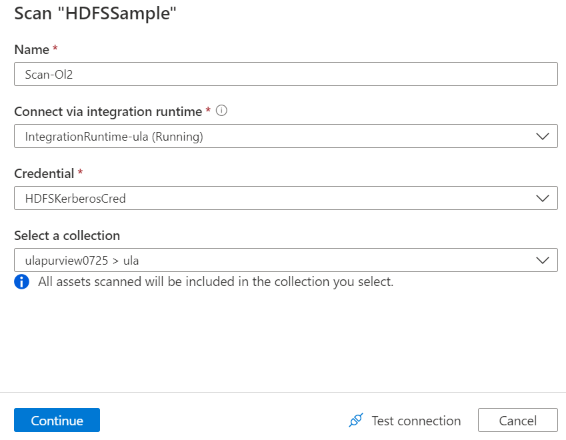 Purview での HDFS スキャン構成のスクリーンショット。