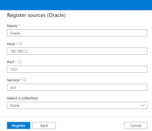 Oracle ソースの登録オプションのスクリーンショット。