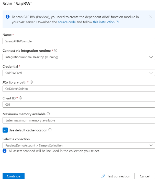 SAP BW スキャンの設定のスクリーンショット。