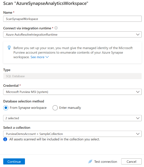 Azure Synapse ソース スキャンの詳細ウィンドウのスクリーンショット。