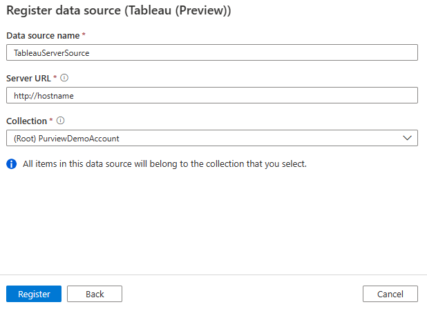 Tableau サーバー ソースの登録のスクリーンショット。