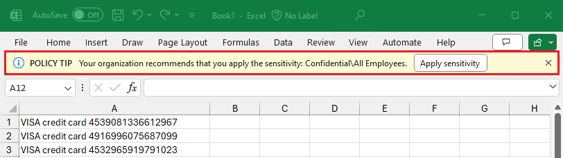 Excel で必要な秘密度ラベルを割り当てるための既定のプロンプト。