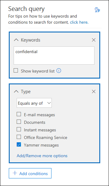 会話アイテムを検索するには、Type 条件カードViva Engage使用します。