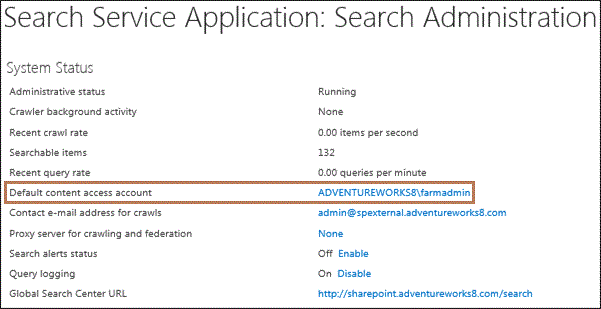 [検索管理] ページの [システムの状態] セクション内の既定のコンテンツ アクセス アカウントのスクリーン ショット
