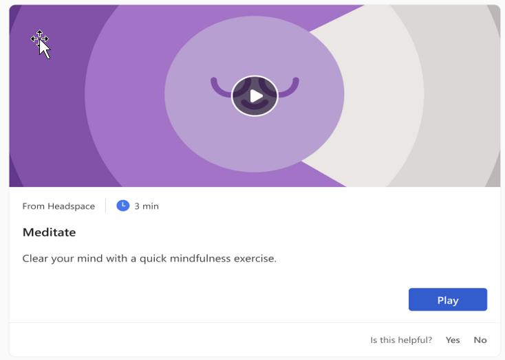 Viva Insights アドインの Headspace カードのスクリーンショット。