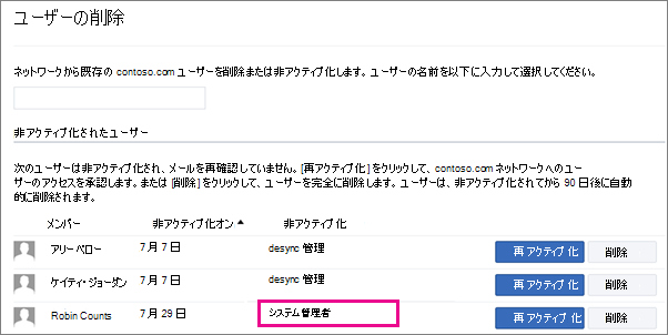  システム管理者によって削除されたユーザーを示すスクリーンショット。