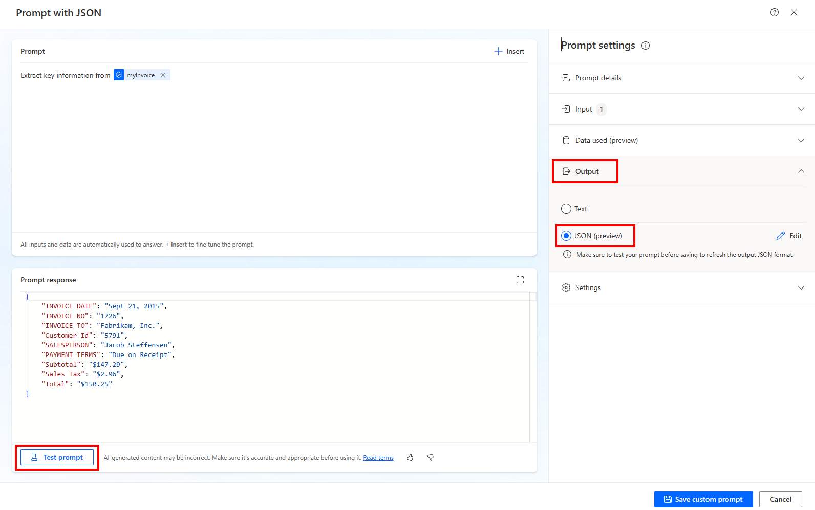 「JSON によるプロンプト」ページでの選択のスクリーンショット。