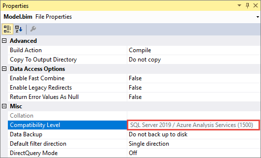 [互換性レベル] オプションが強調表示され、そのSQL Server 2019/Azure Analysis Services (1500) 設定が強調表示されているプロパティ ウィンドウのスクリーンショット。