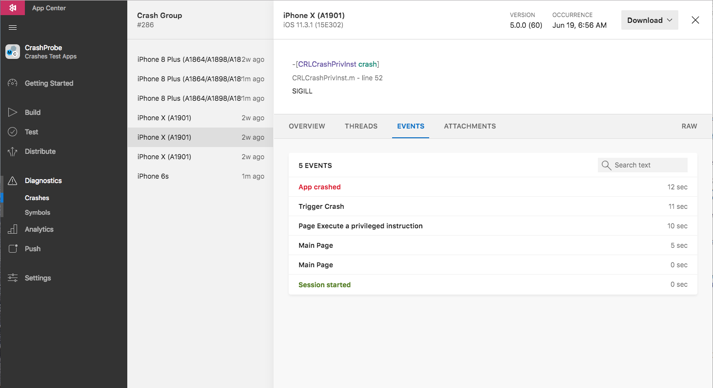 App Center を使用すると、クラッシュにつながるイベントを追跡できます