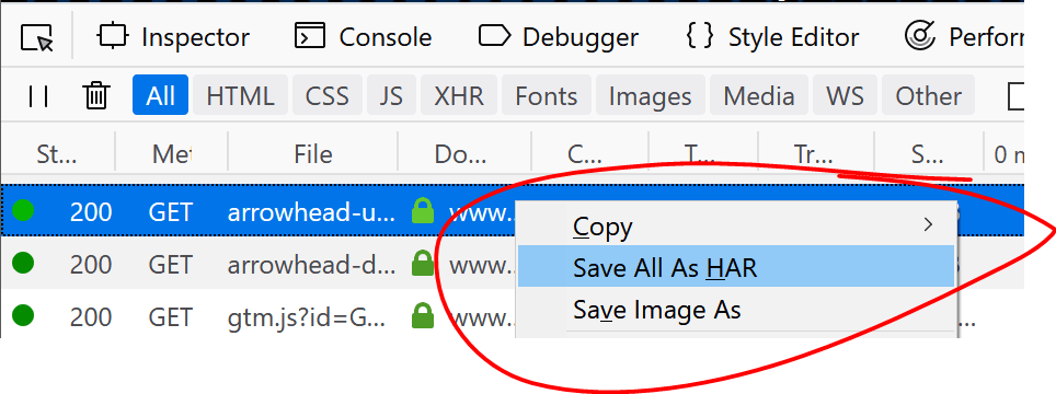 Mozilla Firefox 開発ツールの [ネットワーク] タブの [Save All As HAR]\(すべてを HAR として保存\) オプション