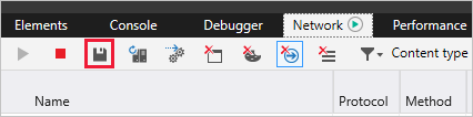 Microsoft Edge の開発ツールの [ネットワーク] タブの [保存] アイコン
