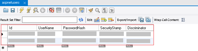 Screenshot of a s p net users table, with entries displaying I D, User Name, Password Hash, Security Stamp, and Discriminator columns.