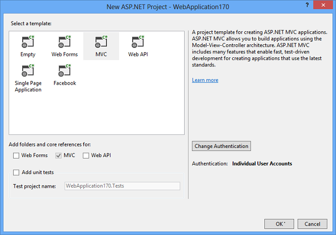 新しい ASP dot Net プロジェクト ウィンドウの