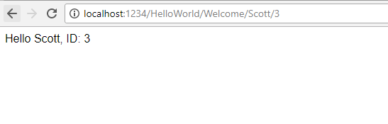 Screenshot that shows a browser window with the U R L local host colon 1 2 3 4 forward slash Hello World forward slash Welcome forward slash Scott forward slash 3. The text in the window is Hello Scott ID 3.