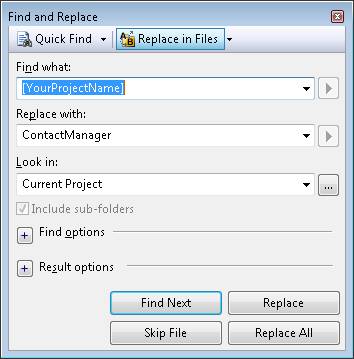 Screenshot shows replacing Project Name with Contact Manager.