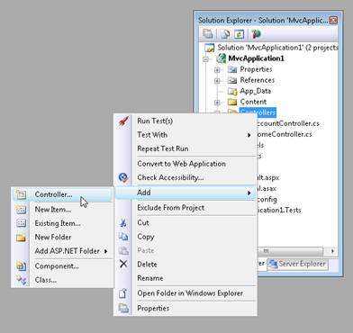 Screenshot of the Visual Studio Solution Explorer window, which is showing the Add and Controller options in the right-click menu.