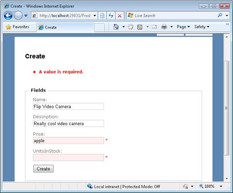 Screenshot of the Internet Explorer window, which shows the Price and Units in Stock fields are flagging validation errors.