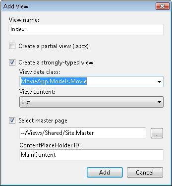 [ビューの追加] ボックスのスクリーンショット。[ビュー名]、[インデックス]、[厳密に型指定されたビューの作成] と [マスター ページエントリの選択] が選択されています。