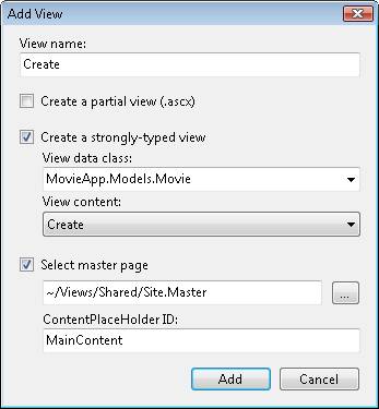 ビュー名 [作成] の [ビューの追加] ボックスのスクリーンショット。[厳密に型指定されたビューの作成] と [マスター ページのエントリの選択] が選択されています。