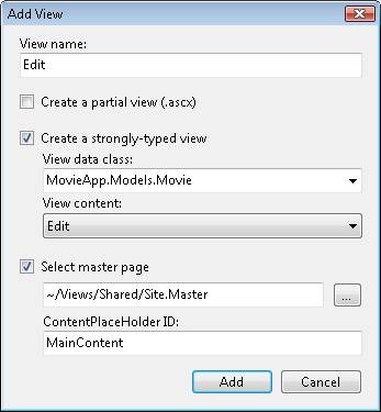 [ビュー名] の [編集] の [ビューの追加] ボックスのスクリーンショット。[厳密に型指定されたビューの作成] と [マスター ページのエントリの選択] が選択されています。