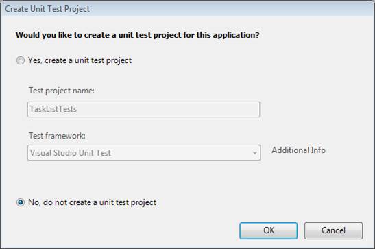 [単体テスト プロジェクトの作成] のスクリーンショット。[いいえ] が表示され、単体テスト プロジェクトは作成されません。
