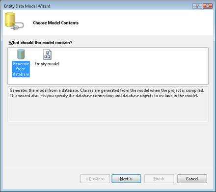 [データベースから生成] アイコンが選択されている [エンティティ データ モデル ウィザード] ボックスのスクリーンショット。