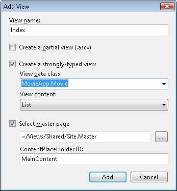 [ビューの追加] ボックスのスクリーンショット。[ビュー名]、[インデックス]、[厳密に型指定されたビューの作成] と [マスター ページエントリの選択] が選択されています。