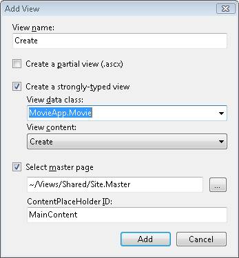 ビュー名 [作成] の [ビューの追加] ボックスのスクリーンショット。[厳密に型指定されたビューの作成] と [マスター ページエントリの選択] が選択されています。