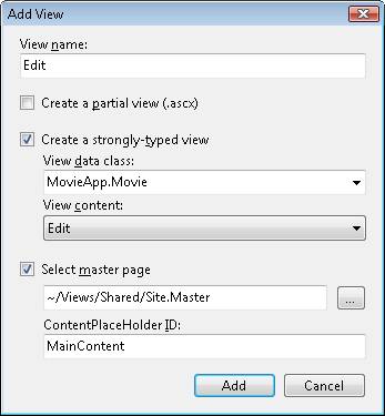 [ビュー名] の [編集] の [ビューの追加] ボックスのスクリーンショット。[厳密に型指定されたビューの作成] と [マスター ページエントリの選択] が選択されています。