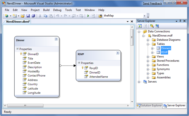 Screenshot of the Nerd Dinner dialog box. The Dinner and R S V P classes are shown.